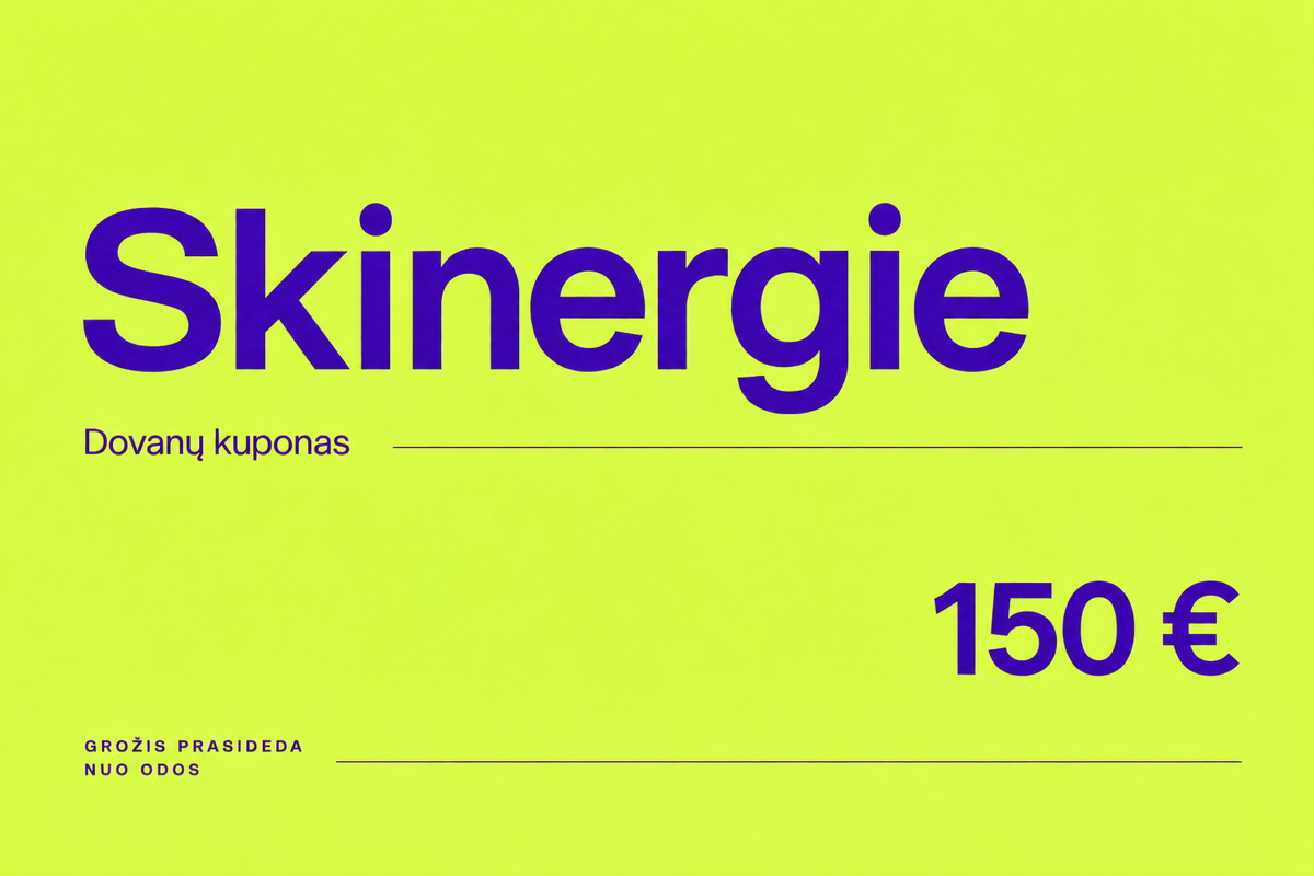Skinergie dovanų kuponas 150 €: neon geltonas fonas, violetinės raidės