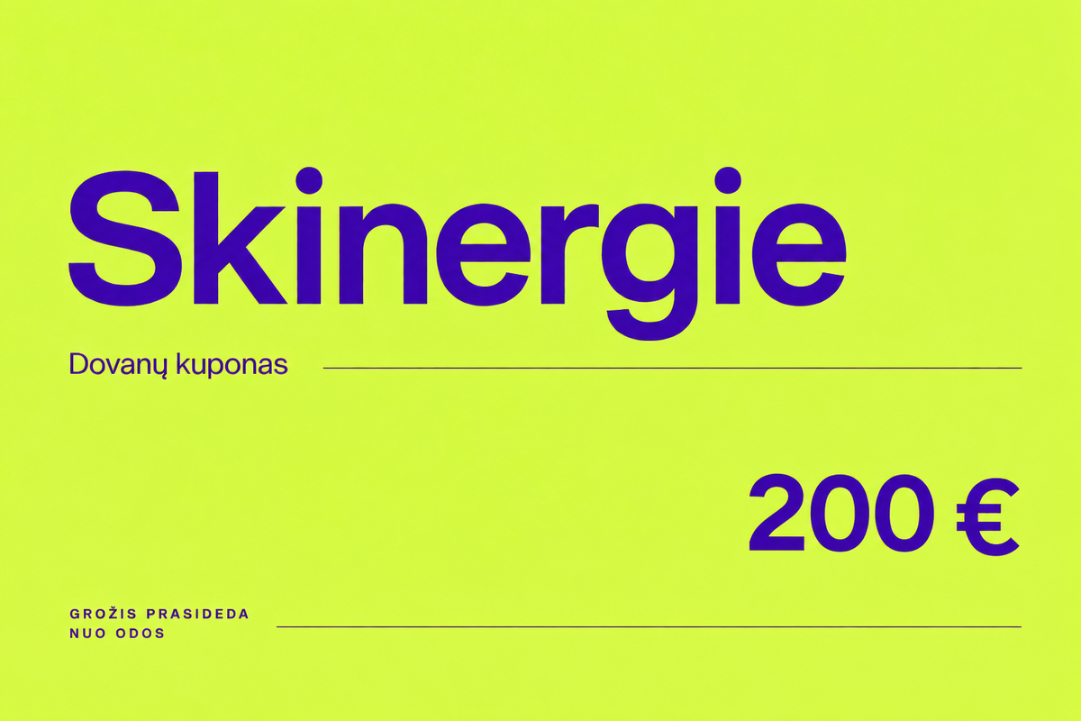 Skinergie dovanų kuponas 200 €: neon geltonas fonas, violetinės raidės