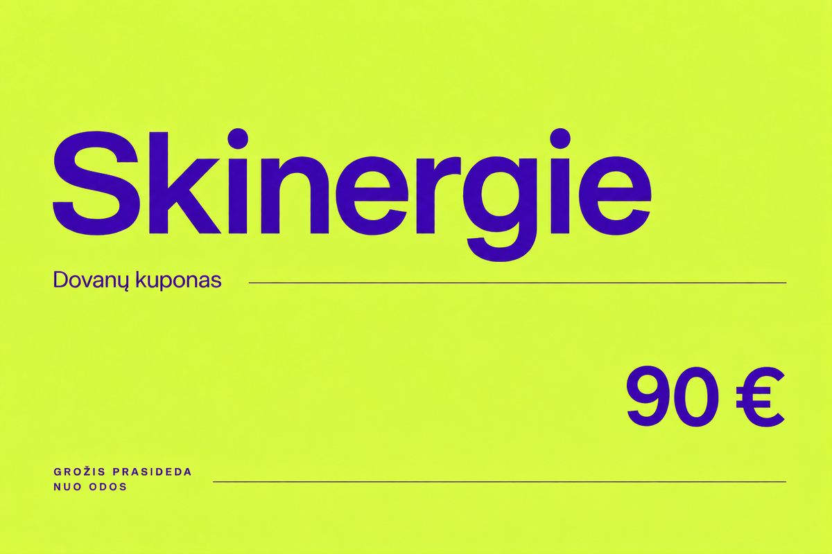 Skinergie dovanų kuponas 90 €: neon geltonas fonas, violetinės raidės